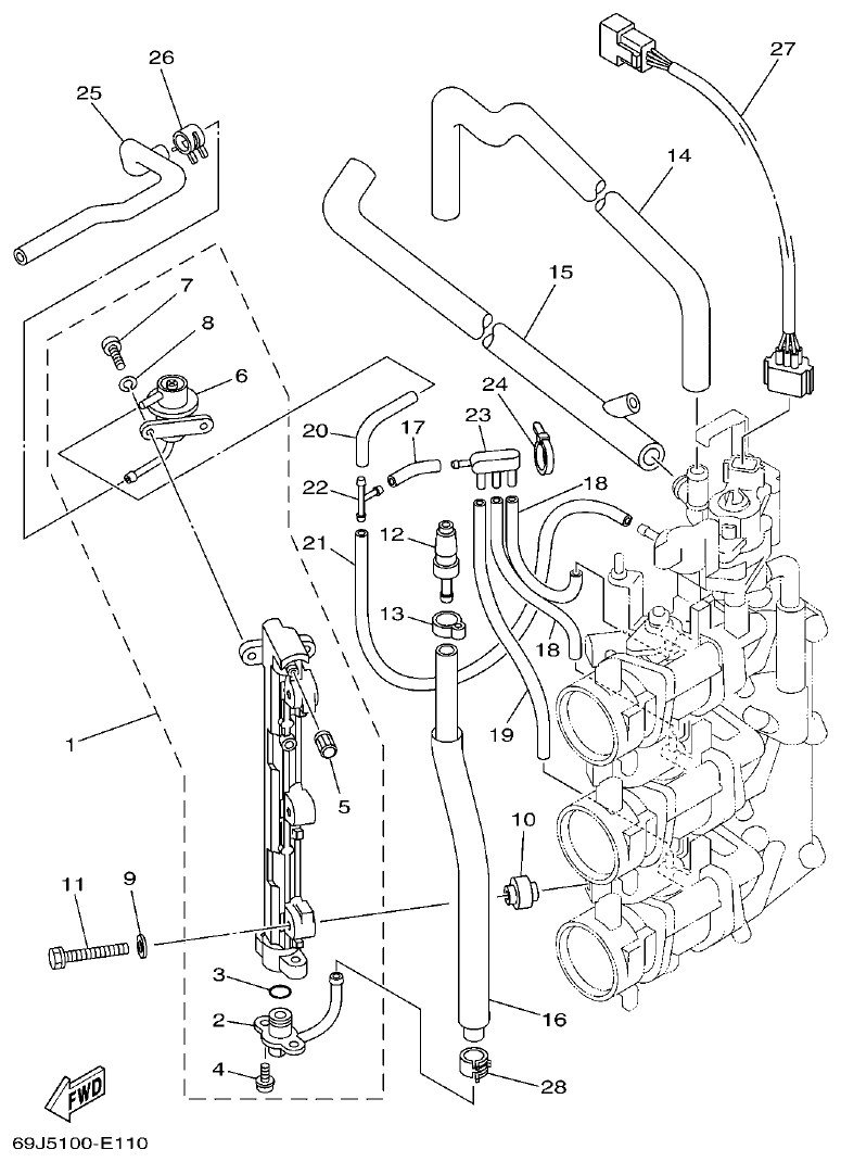 Yamaha F200A, F225A, FL200A, FL225A, F225TR, F200TR, LF225TR, LF200TR THROTTLE BODY ASSY 3 parts diagram